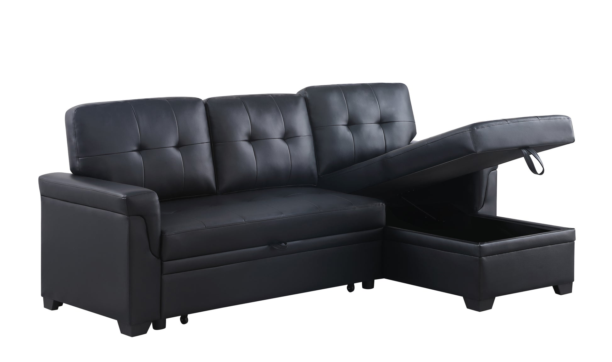 Lexi 83.5" Black Vegan Leather Modern Reversible Sleeper Sectional Sofa With Storage Chaise Black Pu Leather