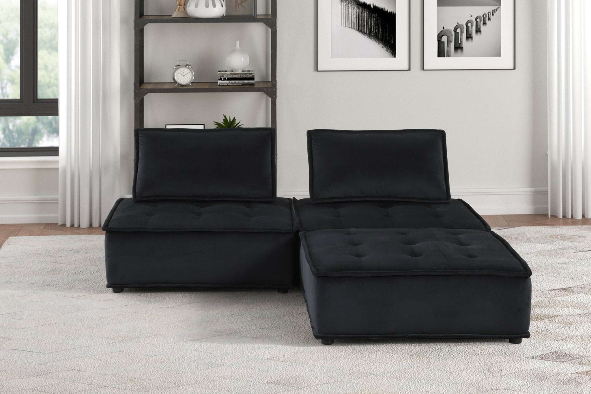 Anna 80" Black Velvet 3 Pc Sectional Sofa Ottoman black-velvet