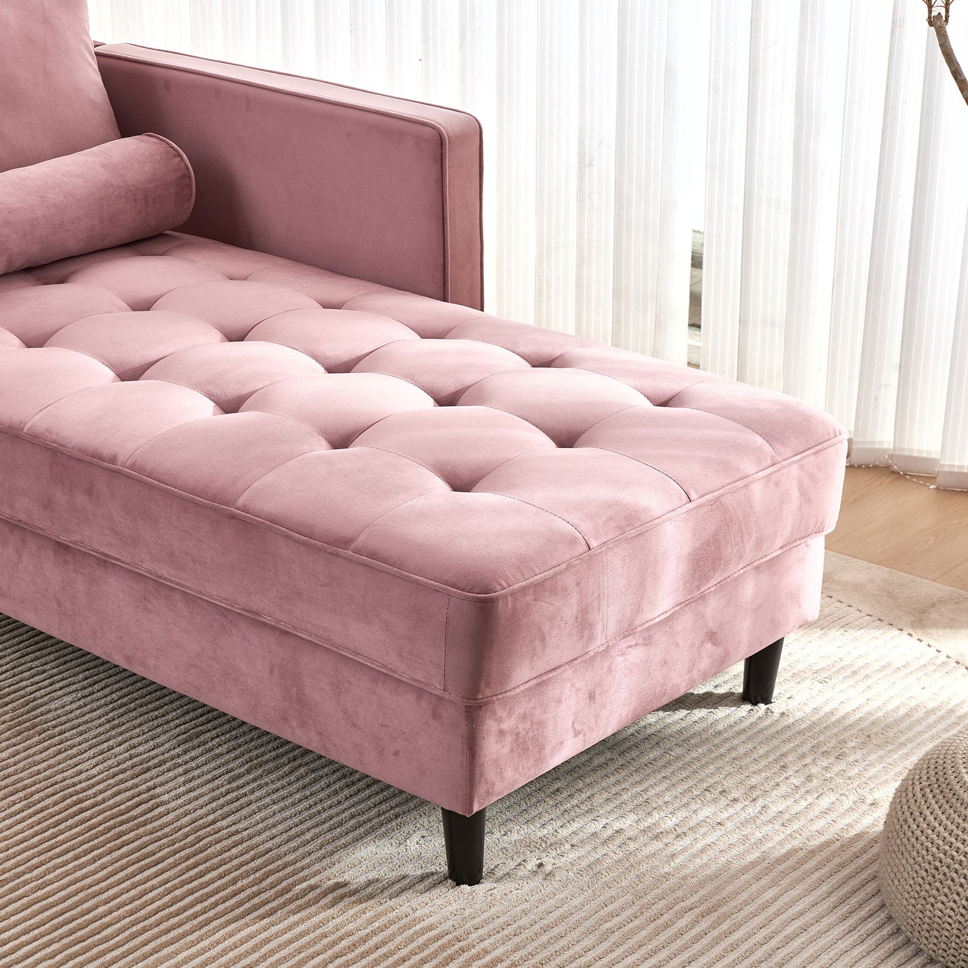 64" Velvet Chaise,Mid Century Modern Chaise Furniture,Sleeper For Living Room,Apartment,Tool Free Assembly. Pink Pink Foam Velvet