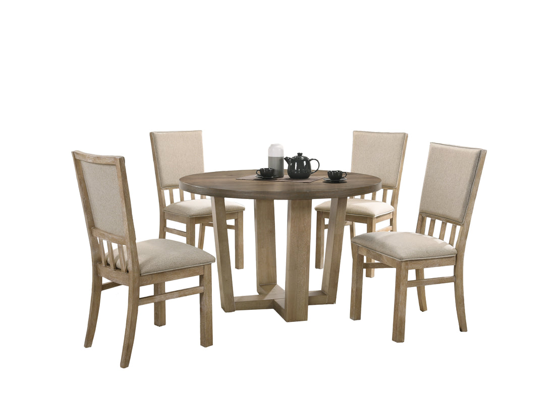 Brutus Vintage Walnut 5 Piece 47" Wide Contemporary Round Dining Table Set With Wheat Colored Fabric Chairs Walnut Solid Wood Mdf