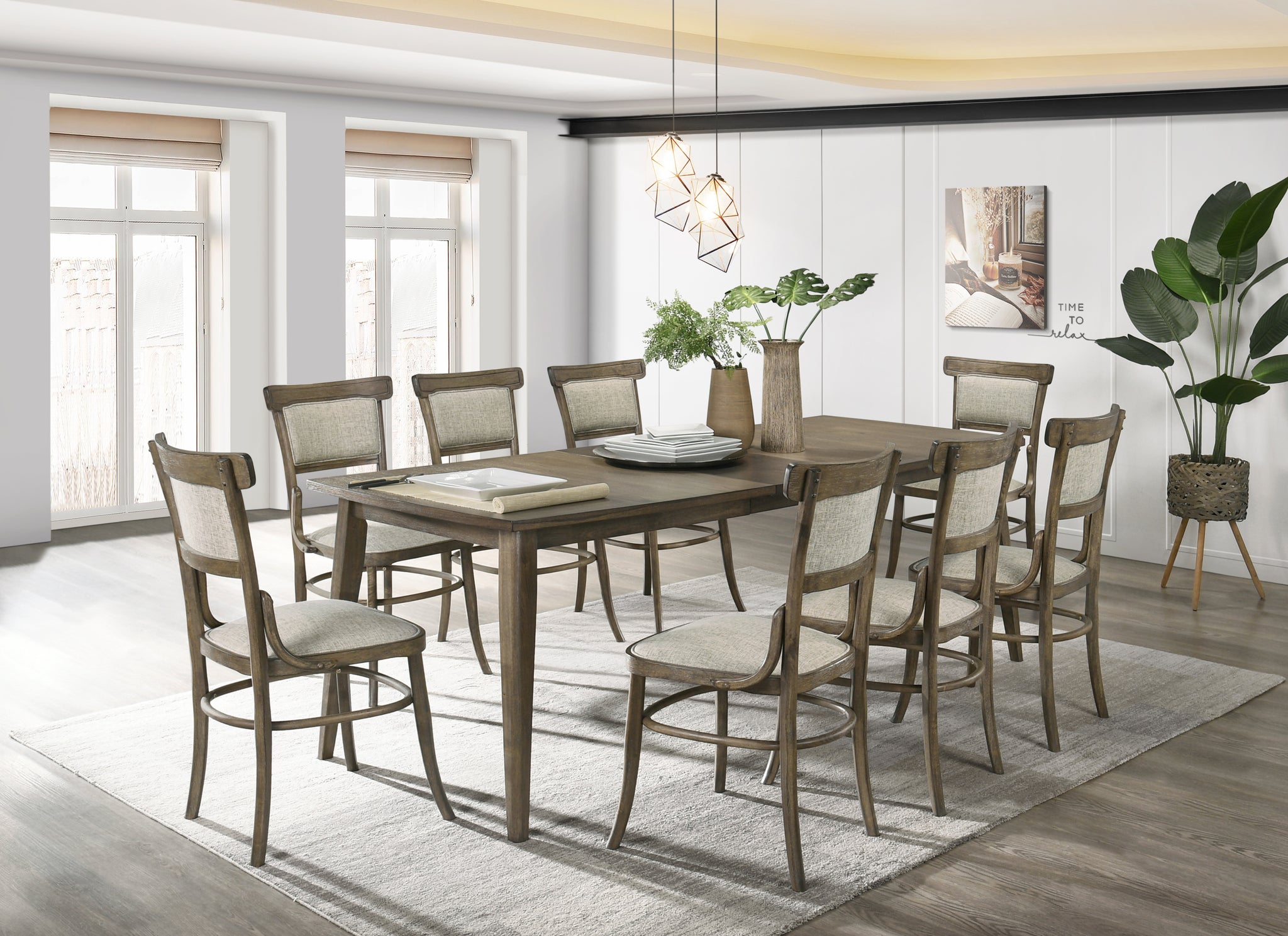 Bistro 88" Vintage Walnut 9 Piece Dining Table With Extension Leaf And Off White Fabric Dining Chairs Walnut Solid Wood Mdf