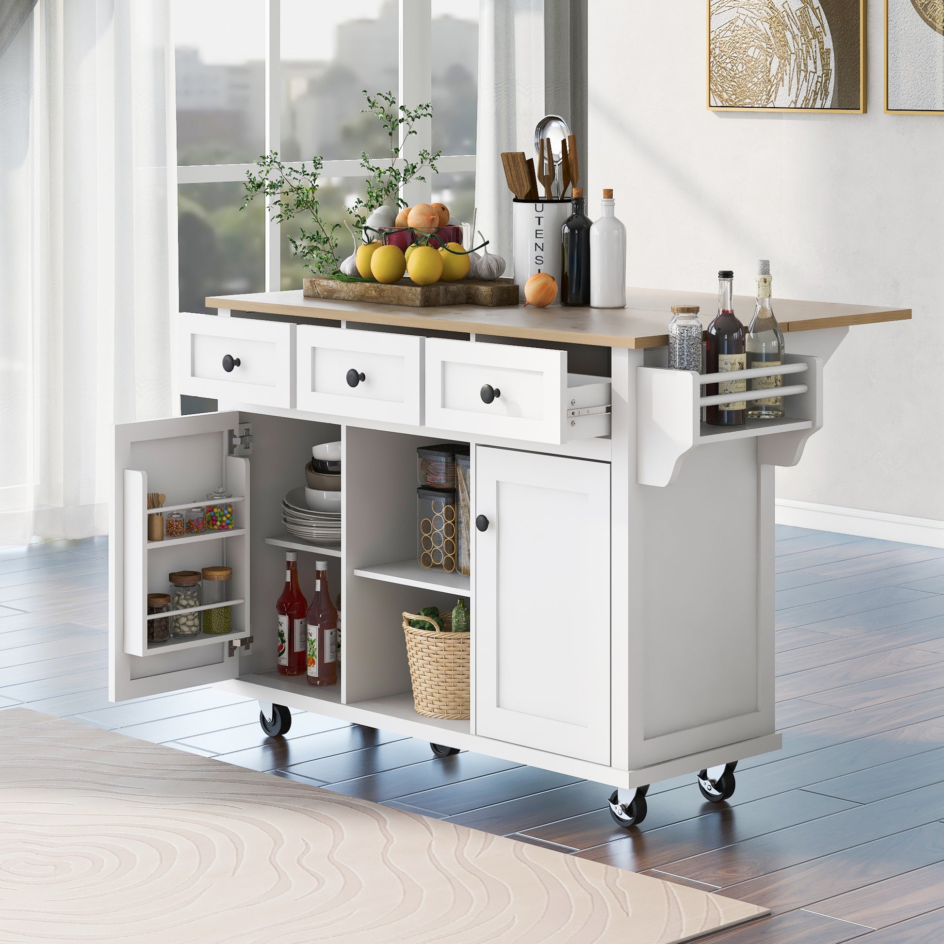 Kitchen Cart With Rubber Wood Drop Leaf Countertop ,Cabinet Door Internal Storage Racks,Kitchen Island On 5 Wheels With Storage Cabinet And 3 Drawers For Dinning Room,White White Mdf