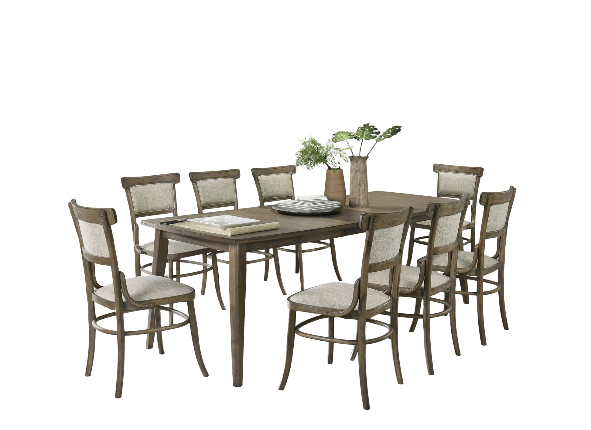 Bistro 88" Vintage Walnut 9 Piece Dining Table With Extension Leaf And Off White Fabric Dining Chairs Walnut Solid Wood Mdf