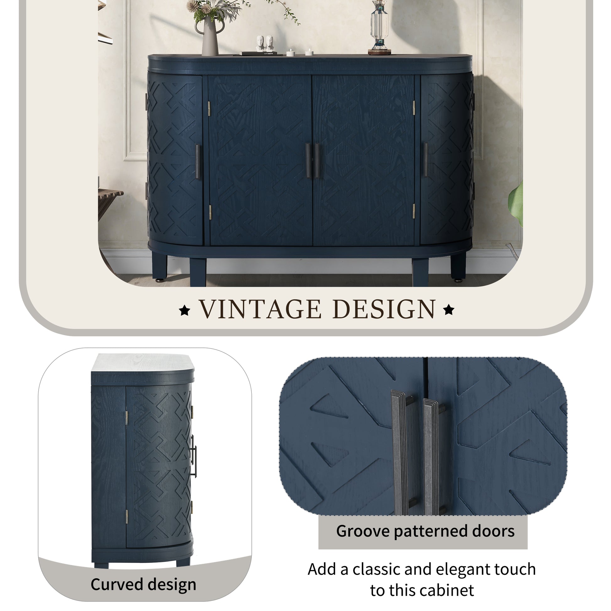 Accent Storage Cabinet Sideboard Wooden Cabinet With Antique Pattern Doors For Hallway, Entryway, Living Room Navy Blue Mdf