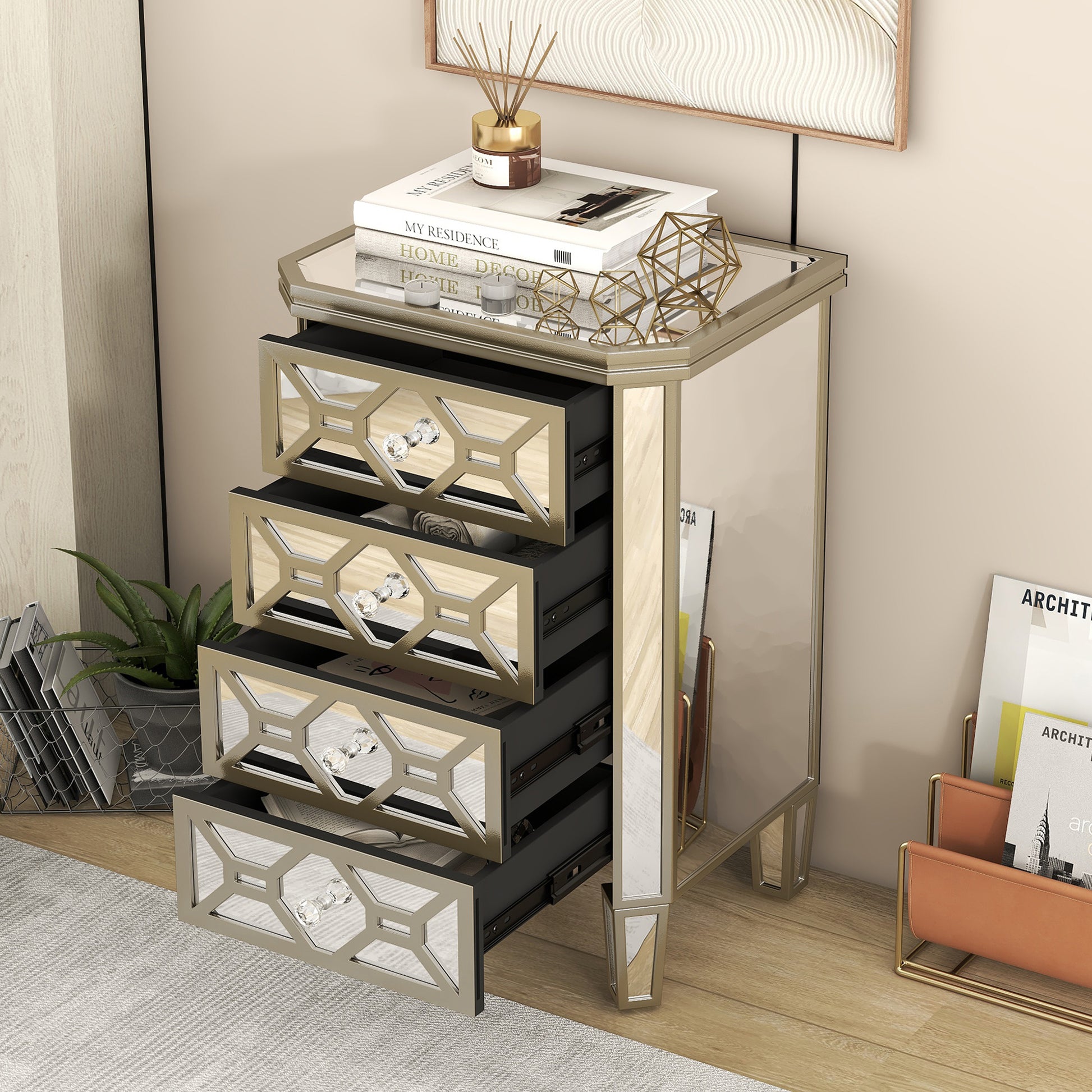 Elegant Mirrored 4 Drawer Chest With Golden Lines Storage Cabinet For Living Room, Hallway, Entryway Silver Glass