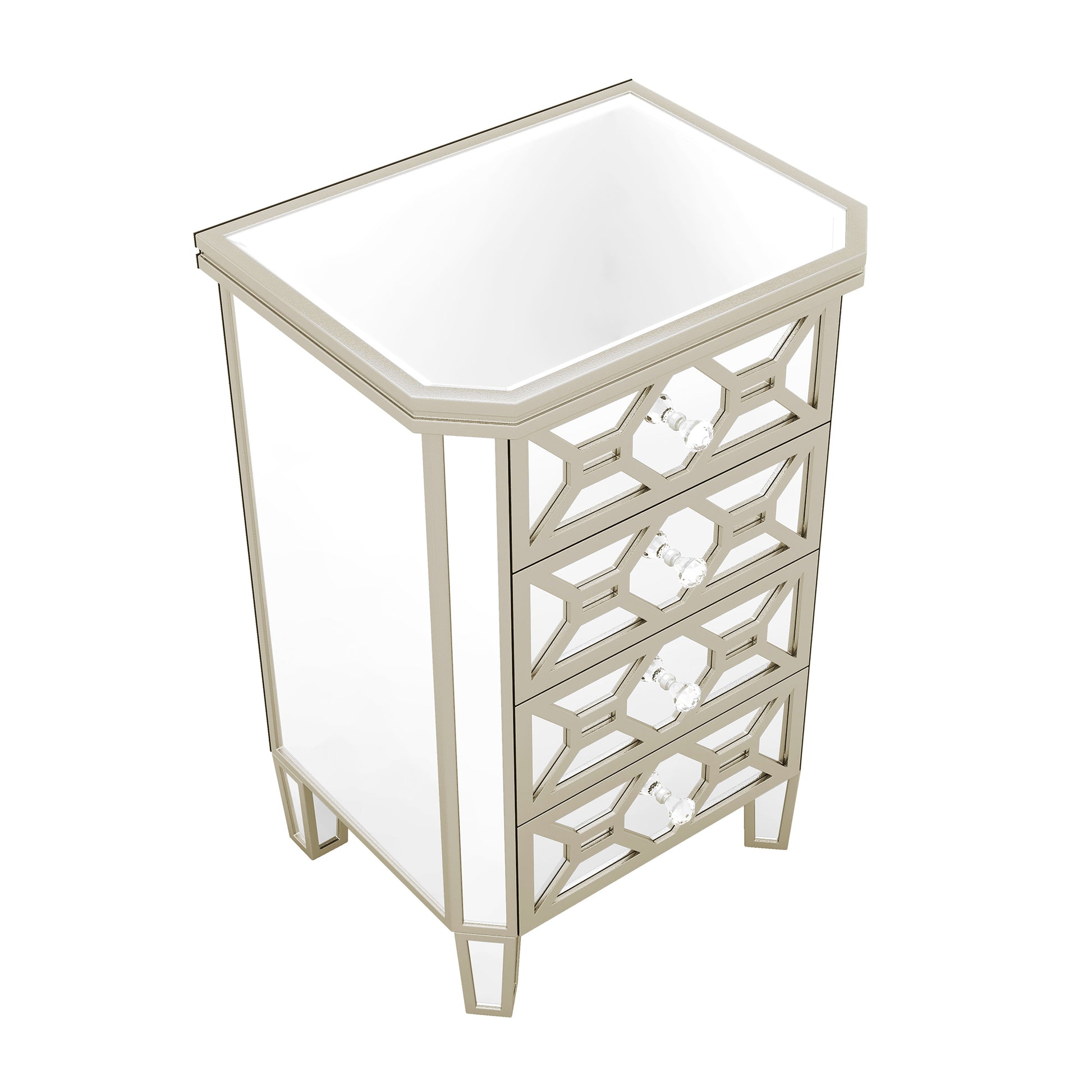 Elegant Mirrored 4 Drawer Chest With Golden Lines Storage Cabinet For Living Room, Hallway, Entryway Silver Glass