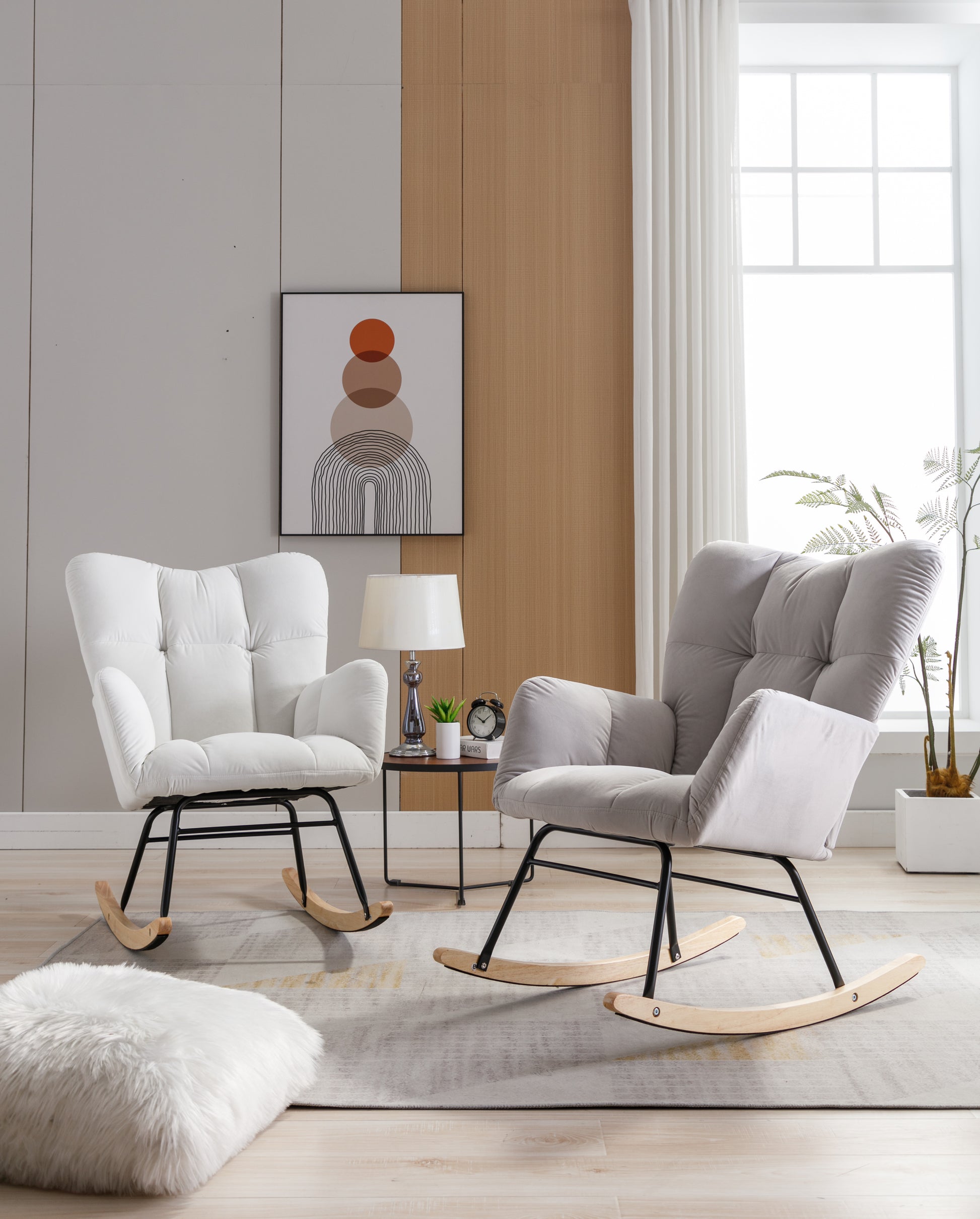 Mid Century Modern Velvet Tufted Upholstered Rocking Chair Padded Seat For Living Room Bedroom, White White Foam Velvet