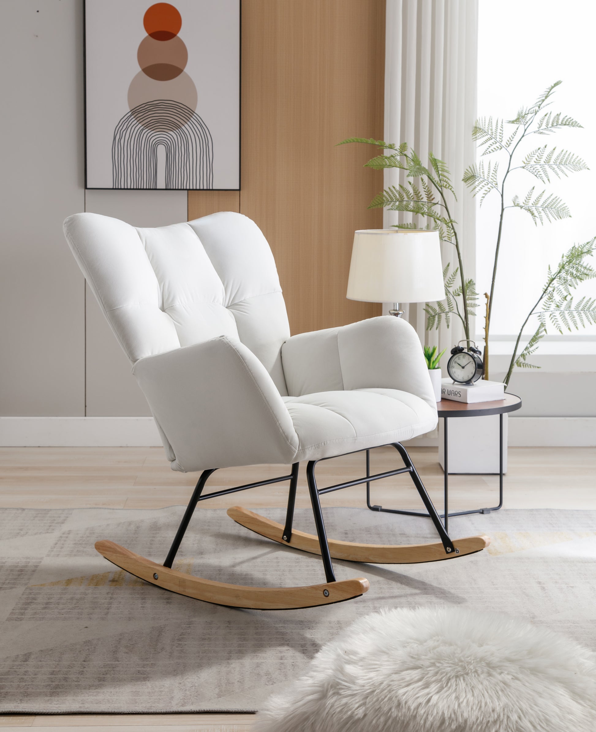 Mid Century Modern Velvet Tufted Upholstered Rocking Chair Padded Seat For Living Room Bedroom, White White Foam Velvet