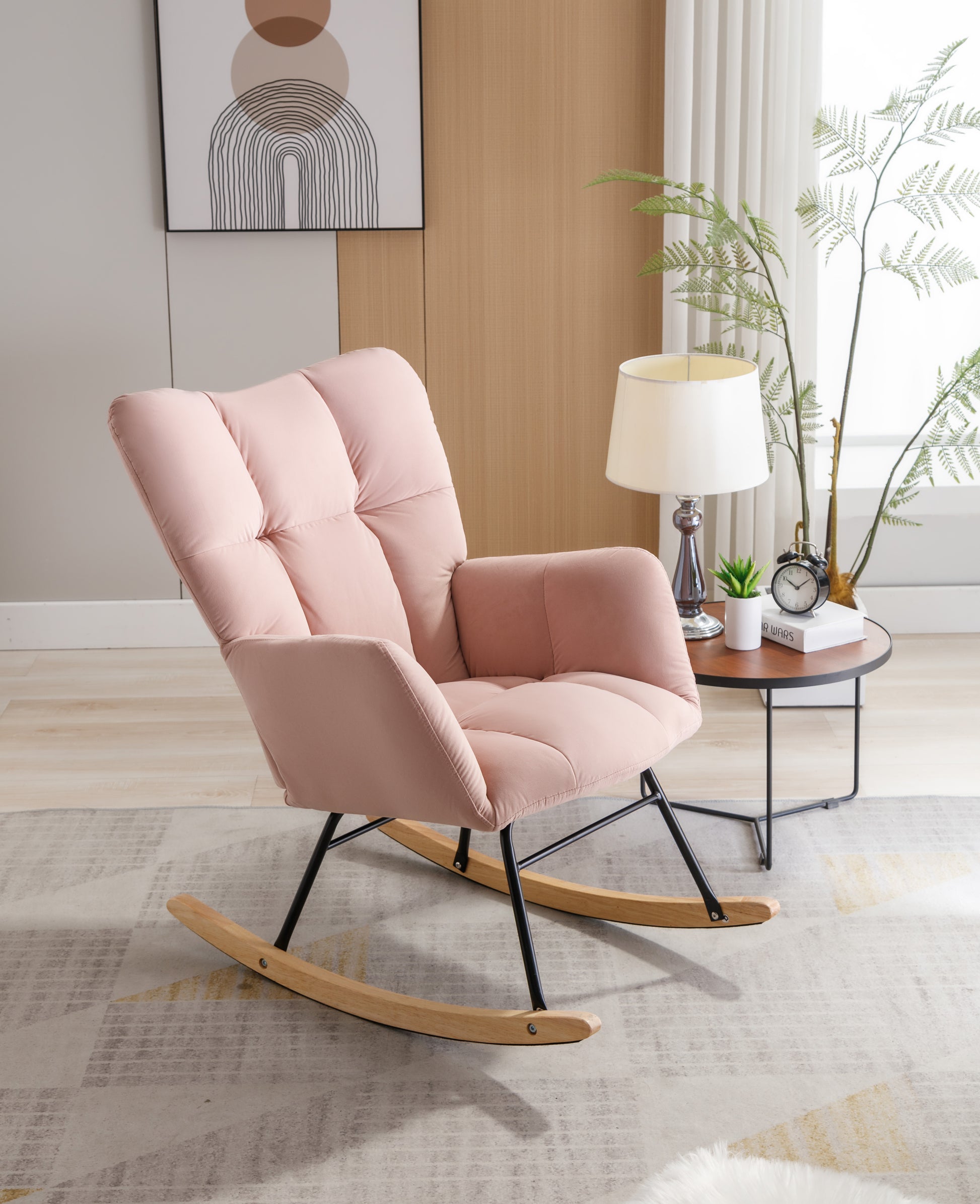 Mid Century Modern Velvet Tufted Upholstered Rocking Chair Padded Seat For Living Room Bedroom, Pink Pink Foam Velvet