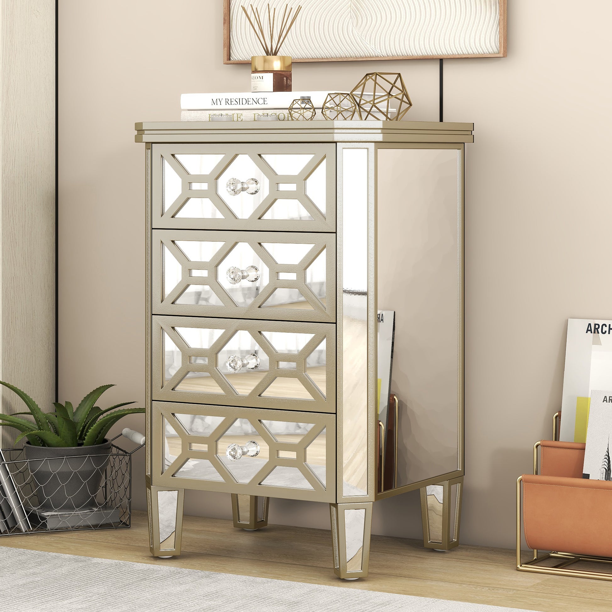 Elegant Mirrored 4 Drawer Chest With Golden Lines Storage Cabinet For Living Room, Hallway, Entryway Silver Glass