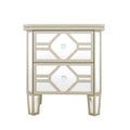 Elegant Mirrored 2 Drawer Side Table With Golden Lines For Living Room, Hallway, Entryway Silver Glass