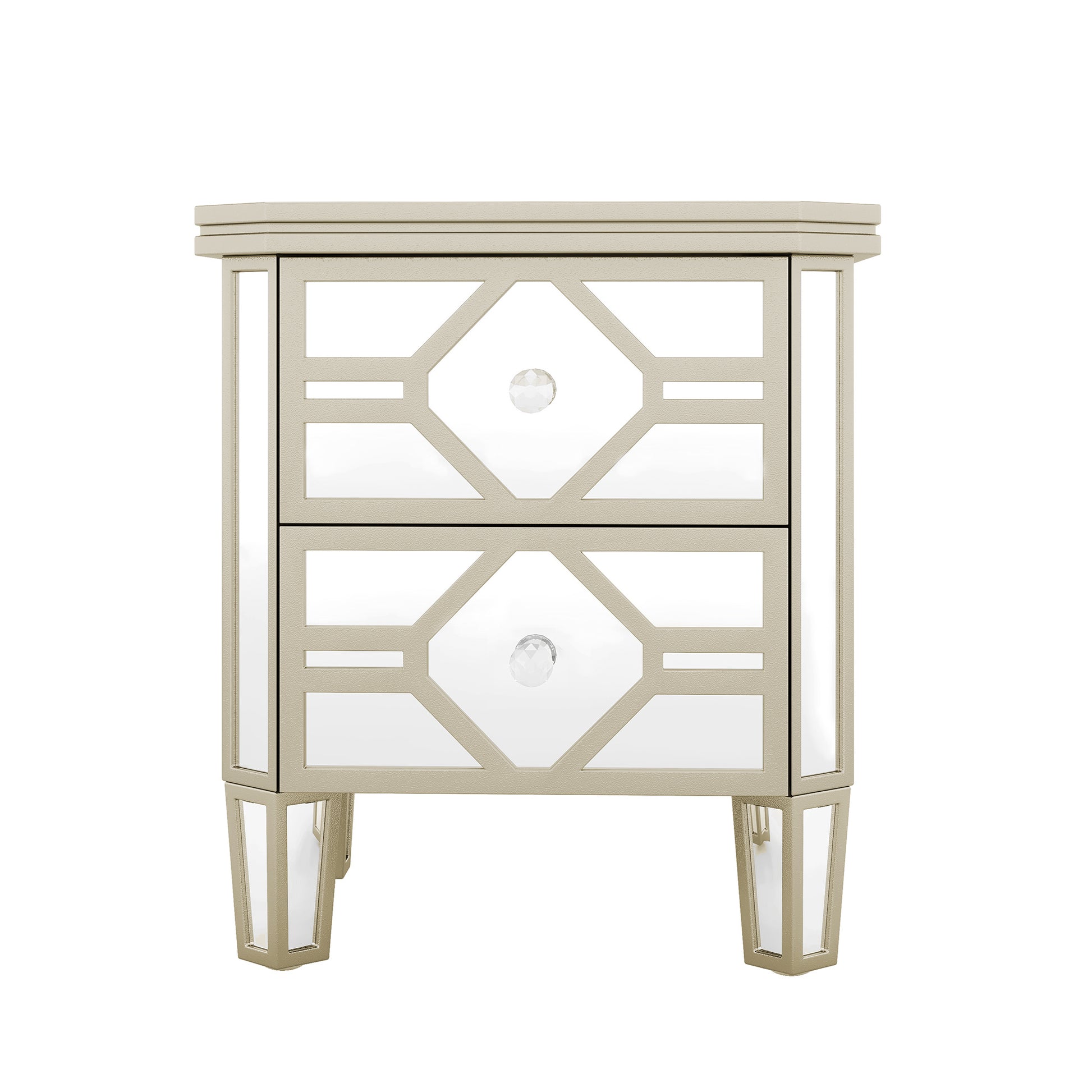 Elegant Mirrored 2 Drawer Side Table With Golden Lines For Living Room, Hallway, Entryway Silver Glass