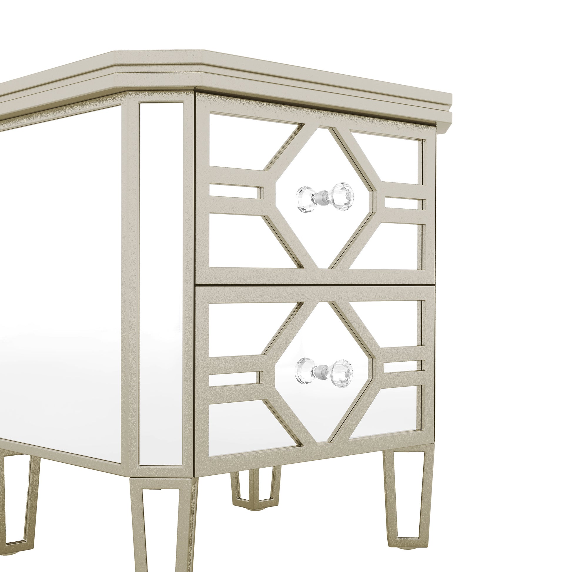 Elegant Mirrored 2 Drawer Side Table With Golden Lines For Living Room, Hallway, Entryway Silver Glass