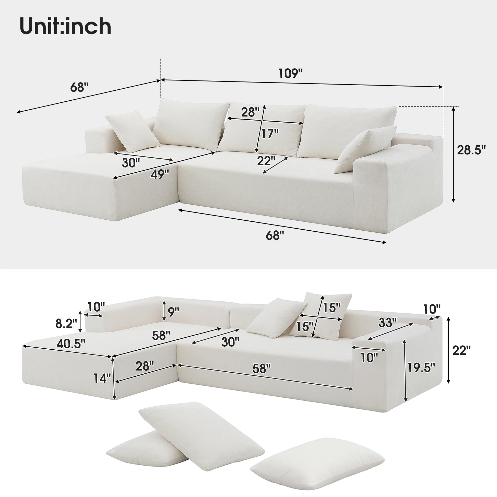 109*68" Modular Sectional Living Room Sofa Set, Modern Minimalist Style Couch, Upholstered Sleeper Sofa For Living Room, Bedroom, Salon, 2 Pc Free Combination, L Shape, Cream Cream Foam Chenille 4 Seat