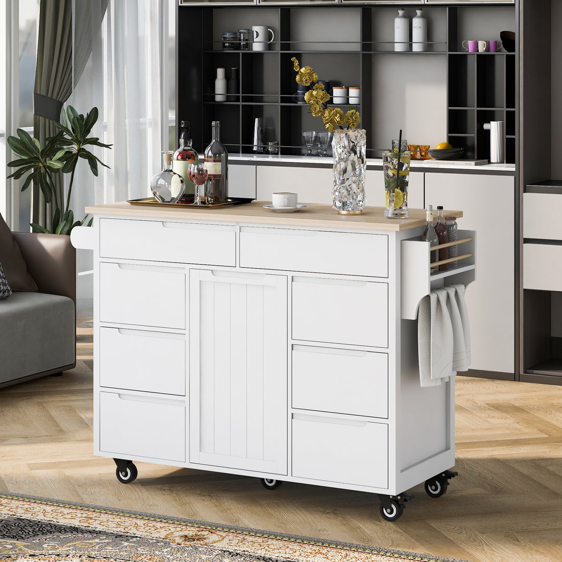 Kitchen Cart With Rubber Wood Countertopkitchen Island Has 8 Handle Free Drawers Including A Flatware Organizer And 5 Wheels For Kitchen Dinning Room, White White Mdf