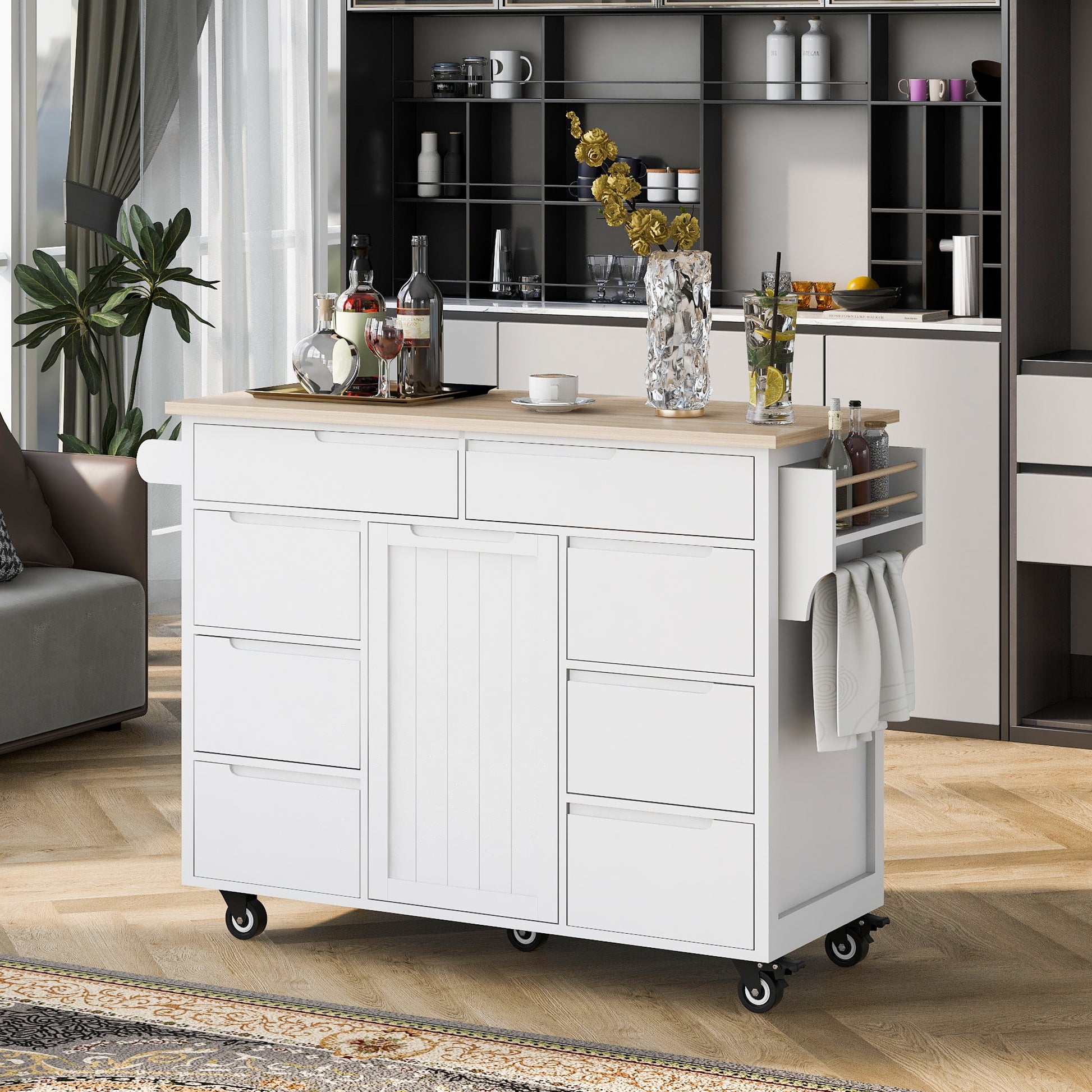 Kitchen Cart with Rubber Wood Countertop white-mdf