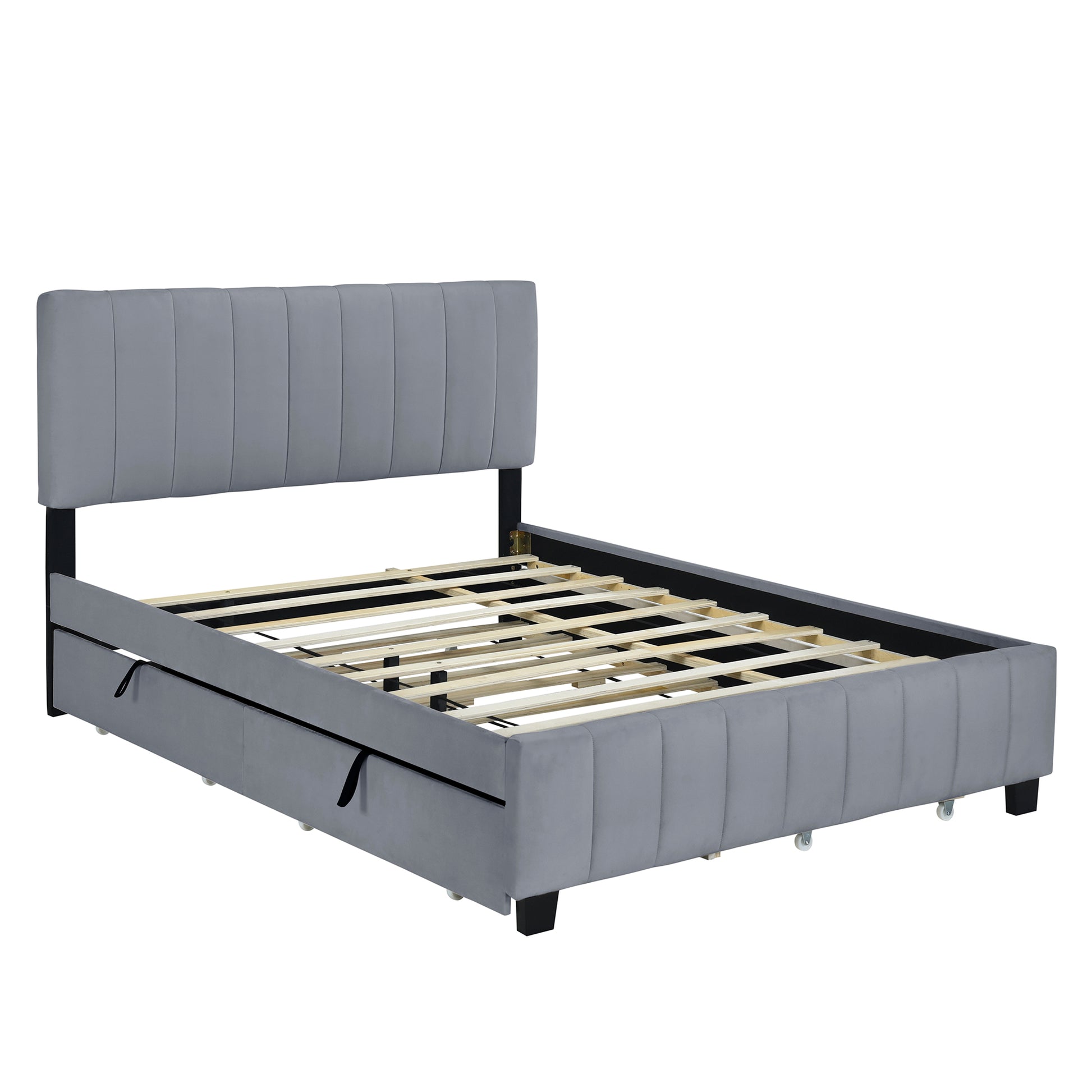 Queen Size Velvet Upholstered Platform Bed With 2 Drawers And 1 Twin Xl Trundle Gray Gray Upholstered