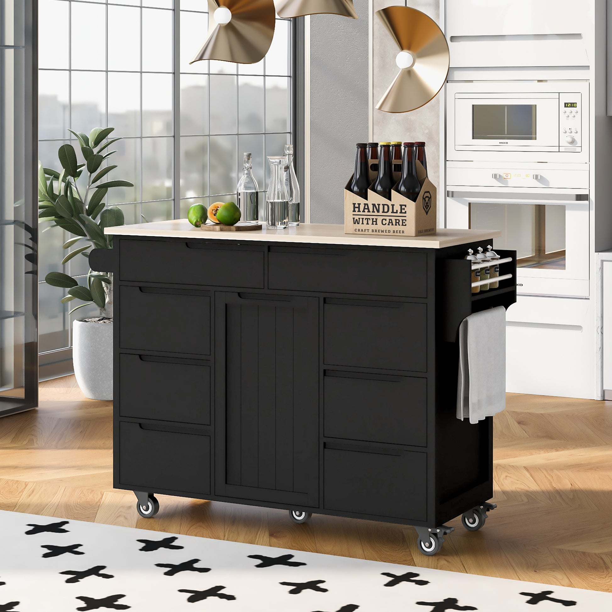 Kitchen Cart with Rubber Wood Countertop black-mdf