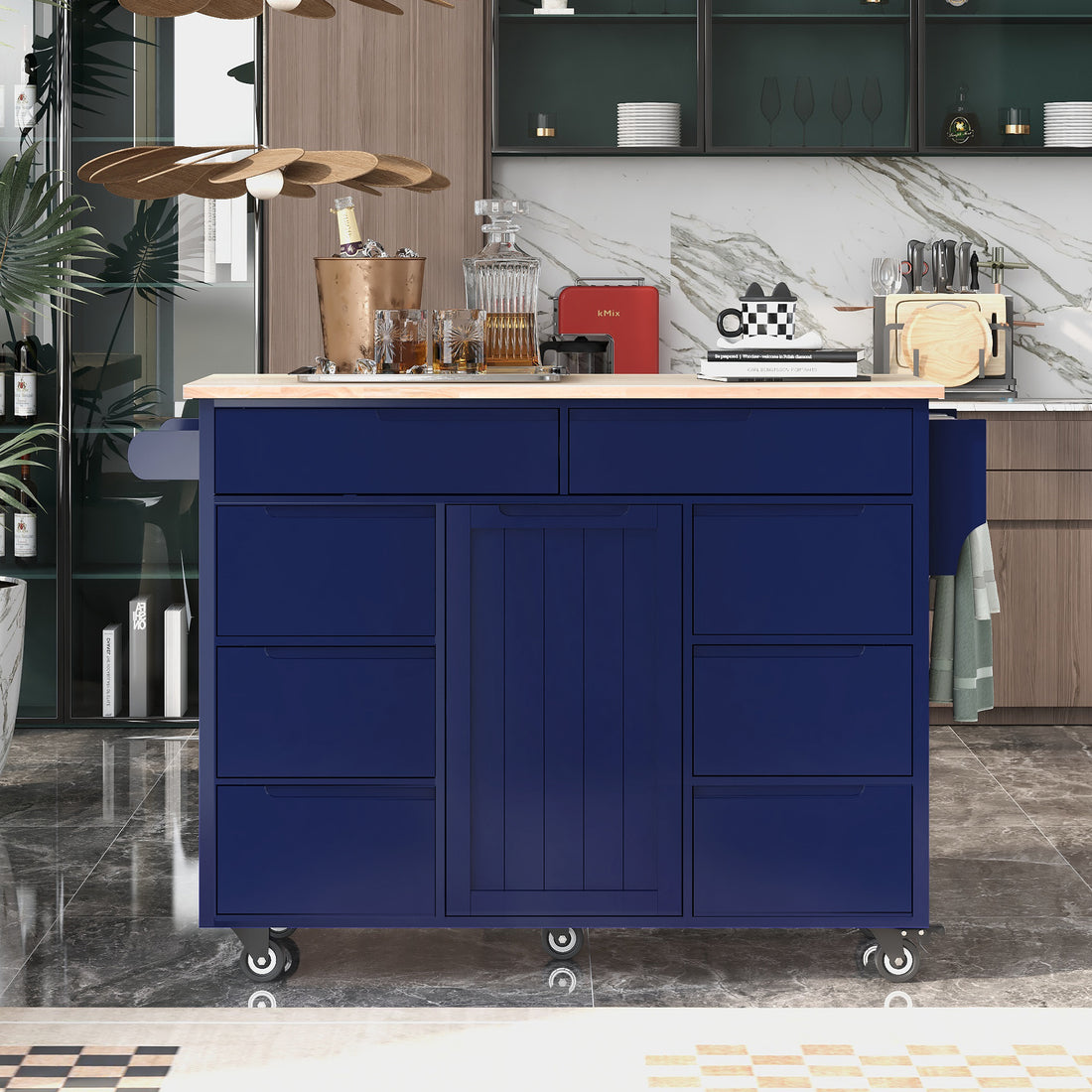 Kitchen Cart With Rubber Wood Countertopkitchen Island Has 8 Handle Free Drawers Including A Flatware Organizer And 5 Wheels For Kitchen Dinning Room, Dark Blue Blue Mdf