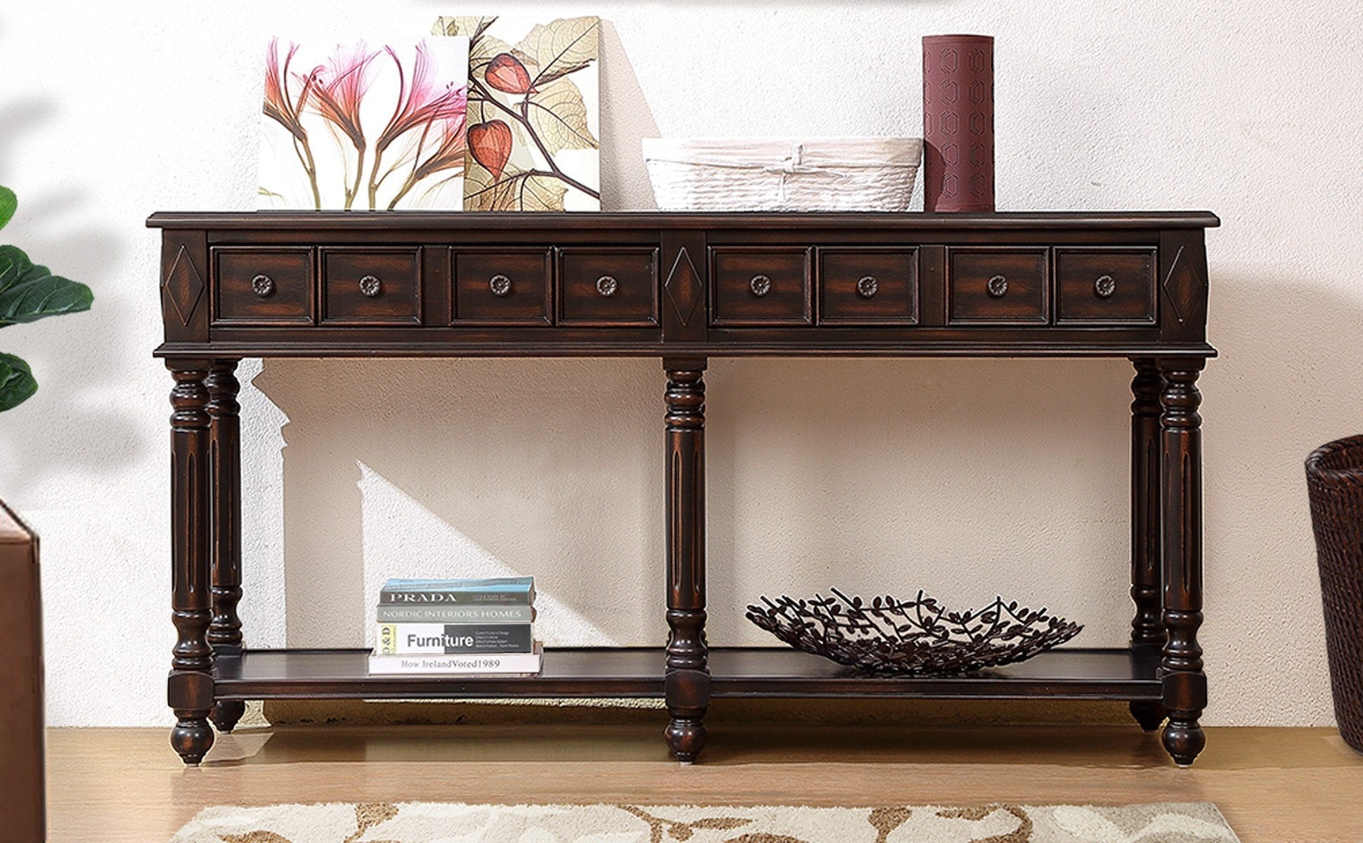 Retro Console Table Entryway Table 58" Long Sofa Table With 2 Drawers In Same Size And Bottom Shelf For Storage Distressed Black Distressed Black Solid Wood