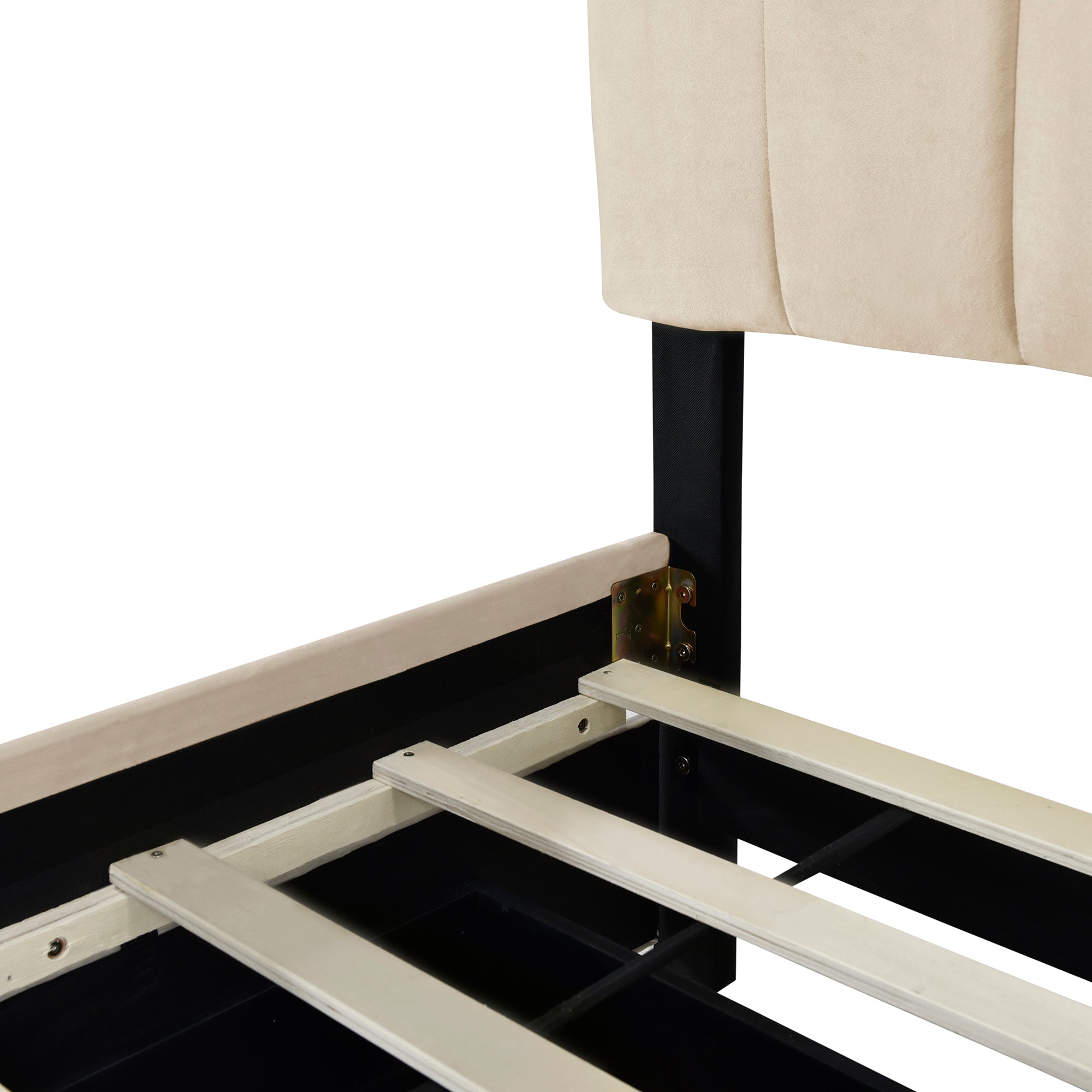 Queen Size Velvet Upholstered Platform Bed with 2 beige-upholstered