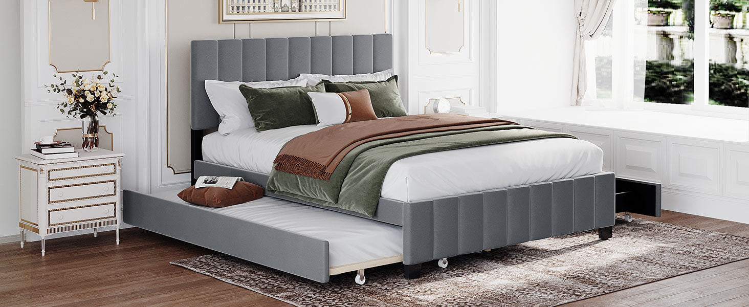 Queen Size Velvet Upholstered Platform Bed With 2 Drawers And 1 Twin Xl Trundle Gray Gray Upholstered