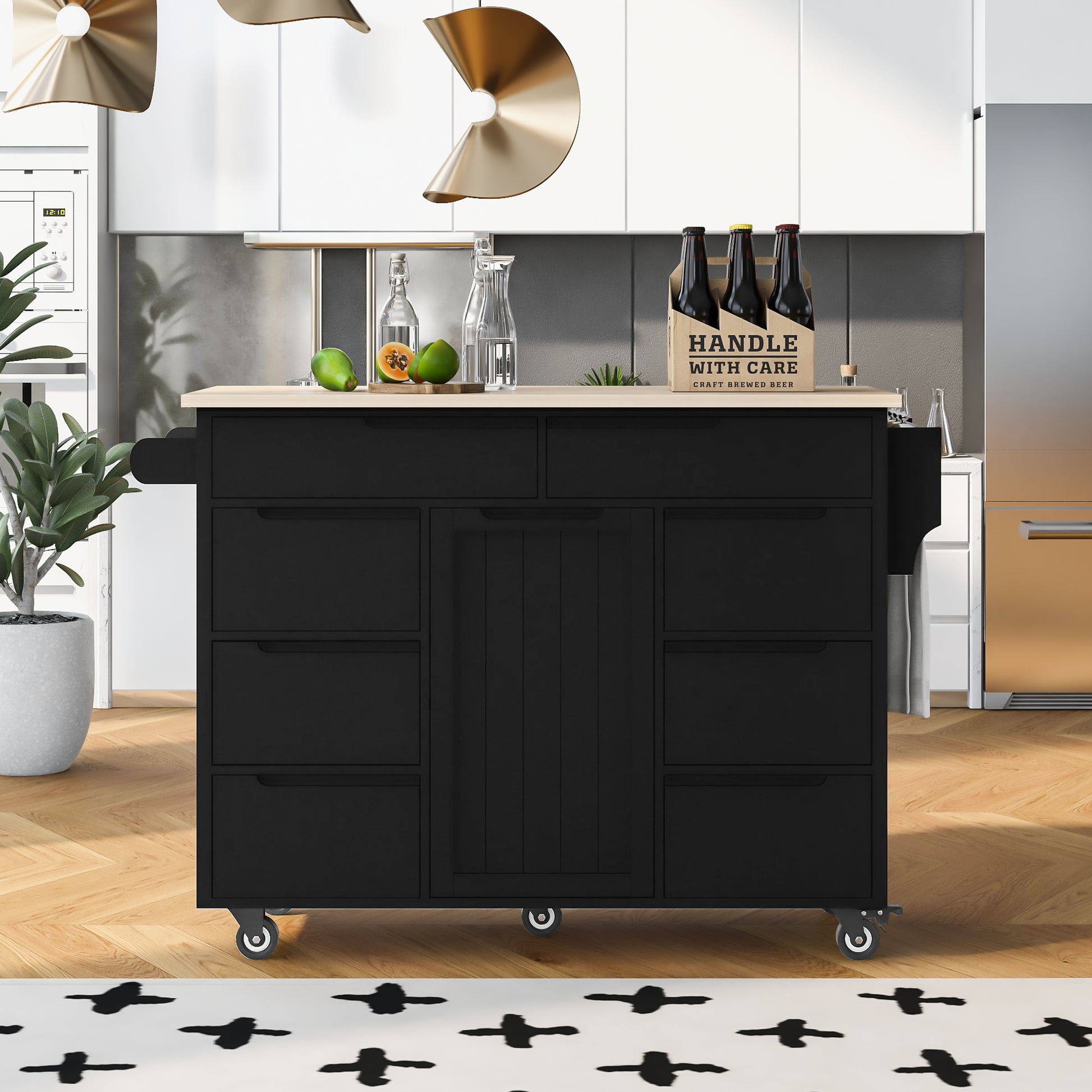 Kitchen Cart with Rubber Wood Countertop black-mdf