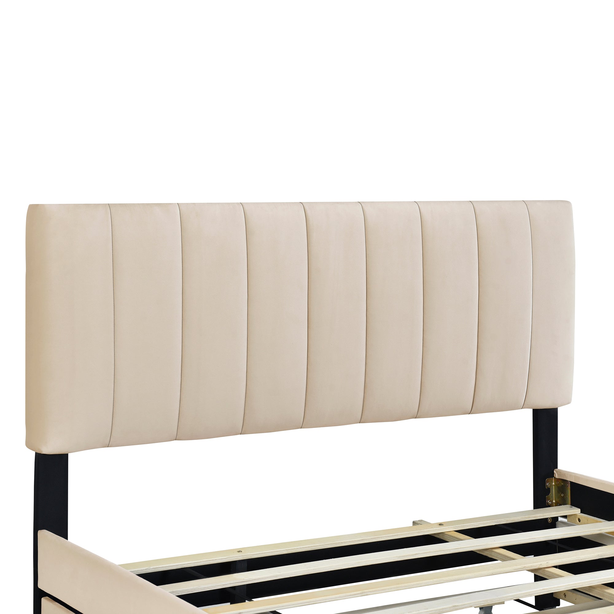 Queen Size Velvet Upholstered Platform Bed with 2 beige-upholstered