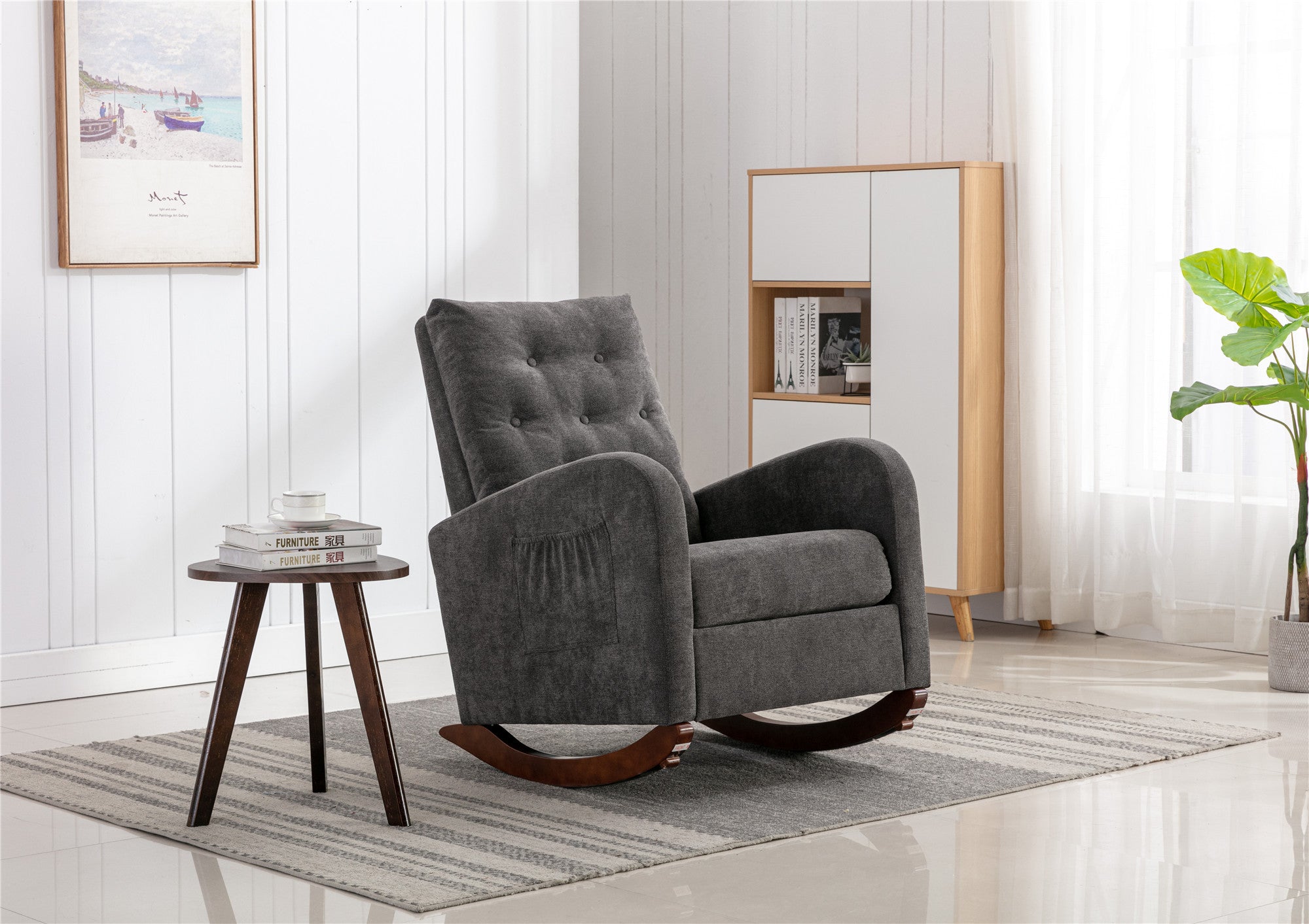 High Back Rocking Chair Nursery Chair .Comfortable Rocker Fabric Padde
