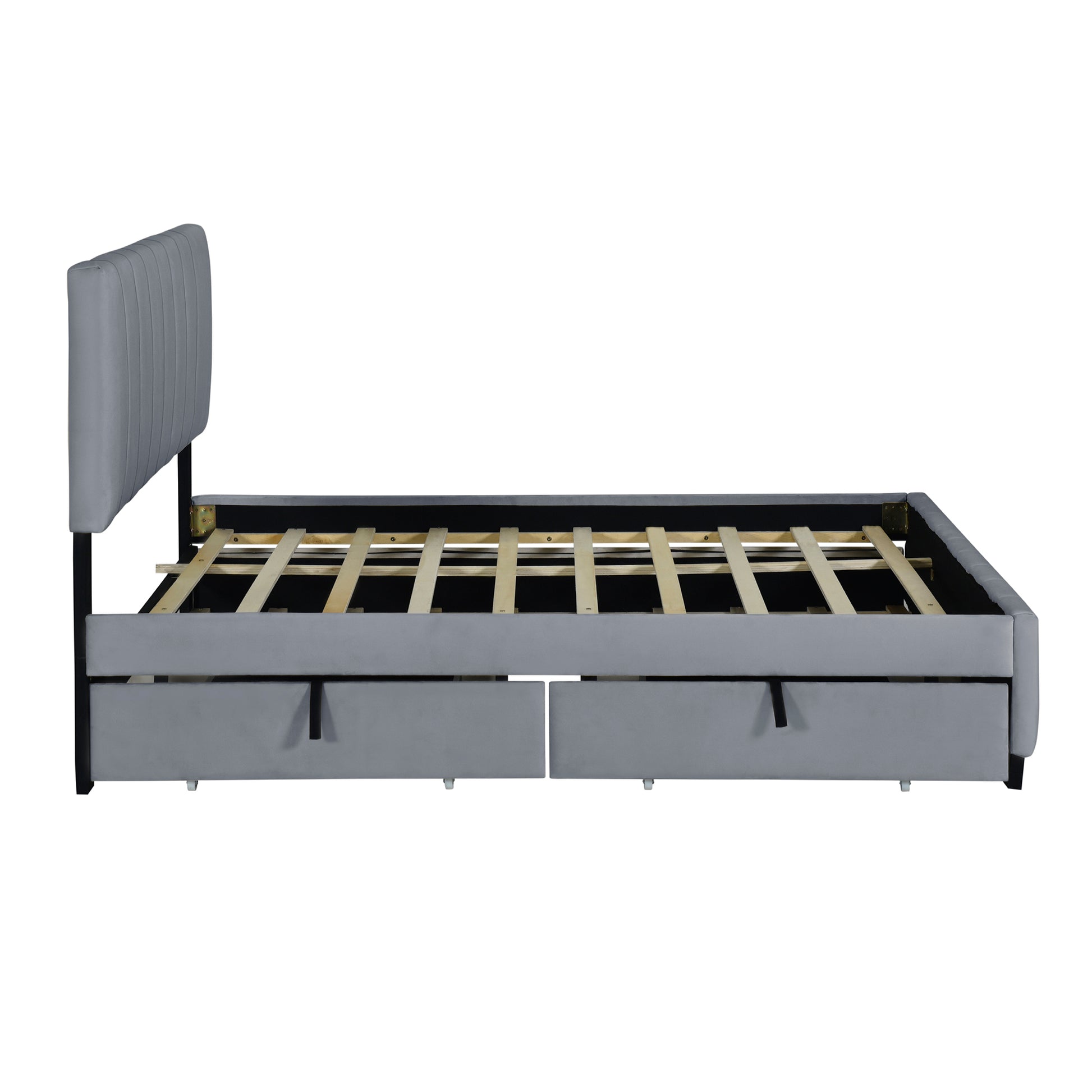 Queen Size Velvet Upholstered Platform Bed With 2 Drawers And 1 Twin Xl Trundle Gray Gray Upholstered