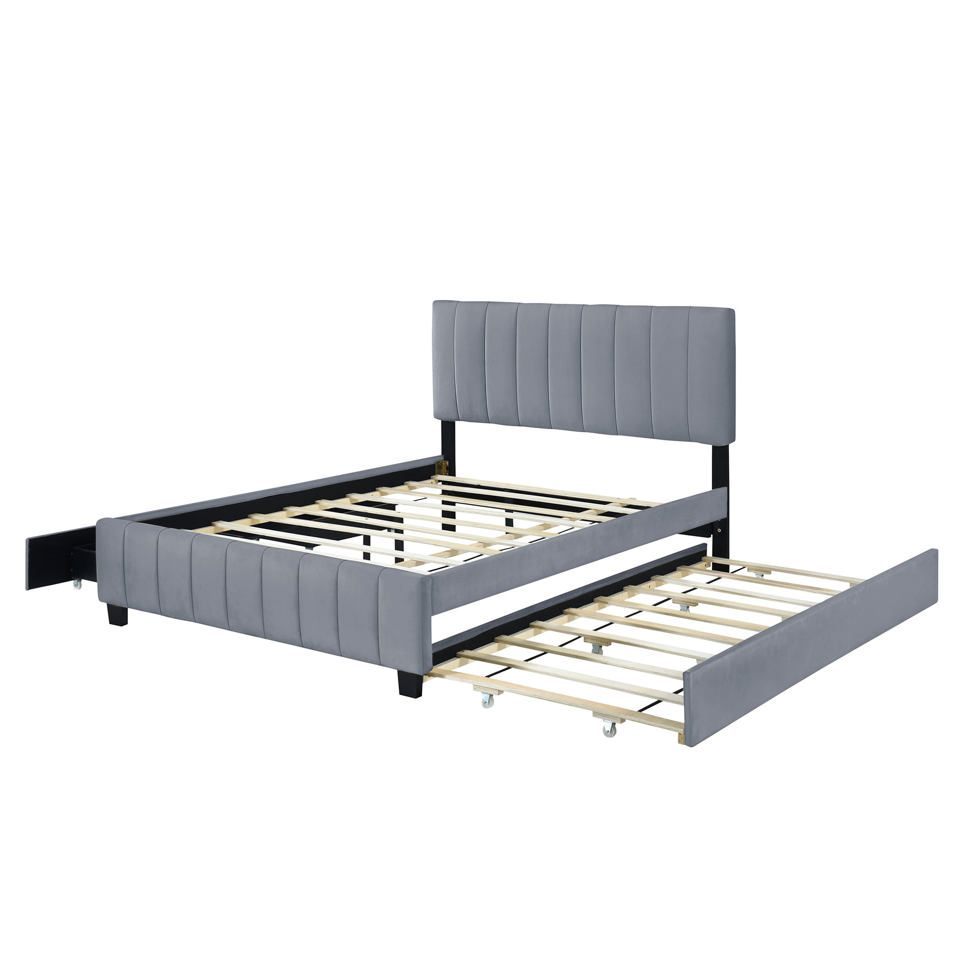 Queen Size Velvet Upholstered Platform Bed With 2 Drawers And 1 Twin Xl Trundle Gray Gray Upholstered