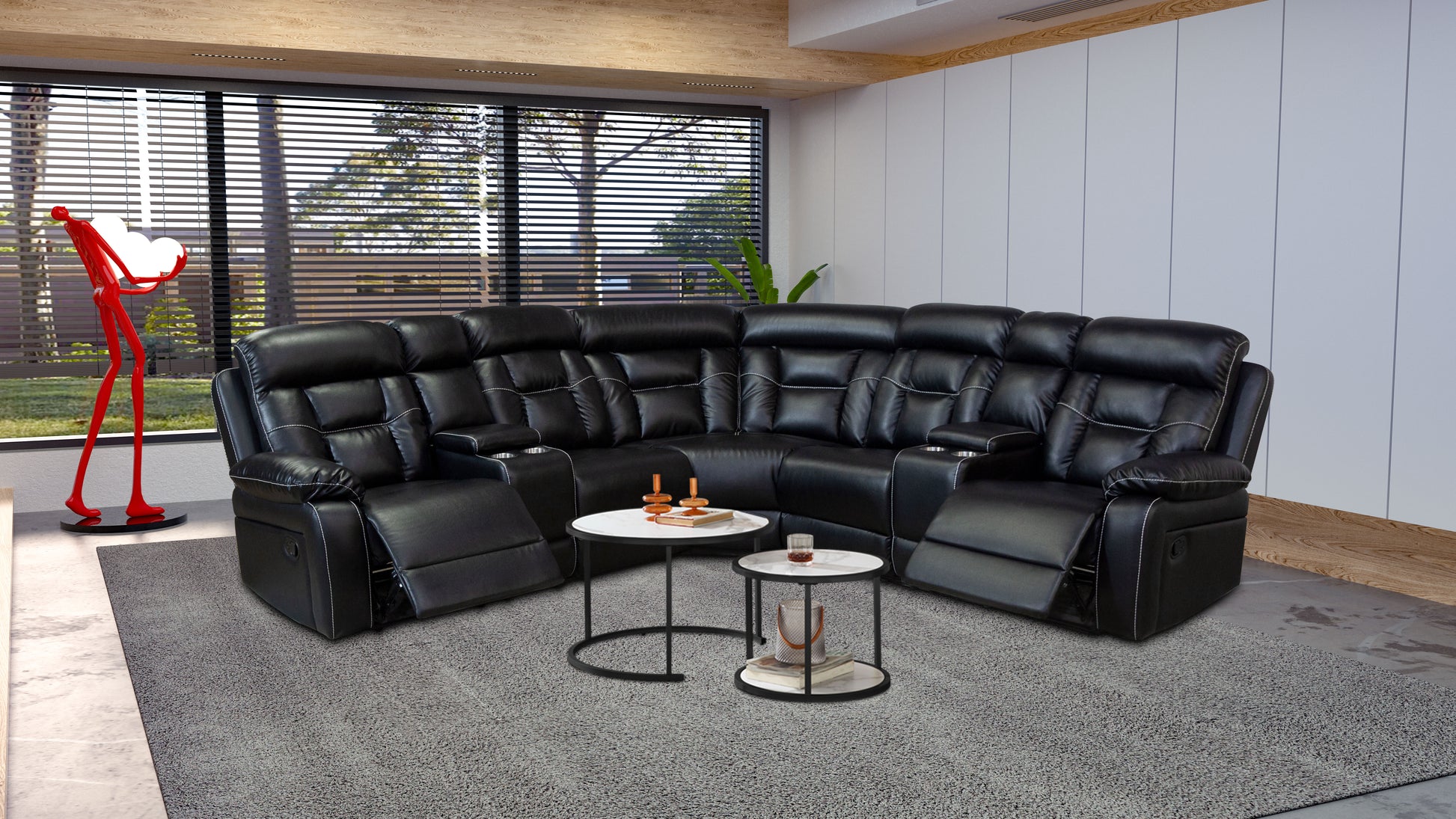 Manual Reclining Sofa Faux Leather Sofa Set Black Black Pu 5 Seat