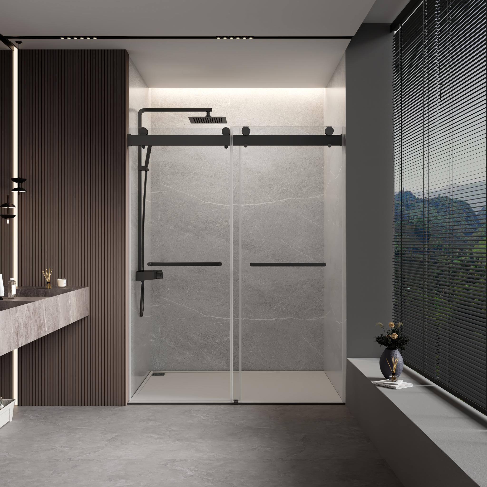 56 To 60 In. W X 76 In. H Double Sliding Frameless Soft Close Shower Door With Premium 3 8 Inch 10Mm Thick Tampered Glass And Easy Cleaning Coating In Matte Black 23D02 60Mb Matte Black Stainless Steel Tempered Glass Sheet Metal Plastic