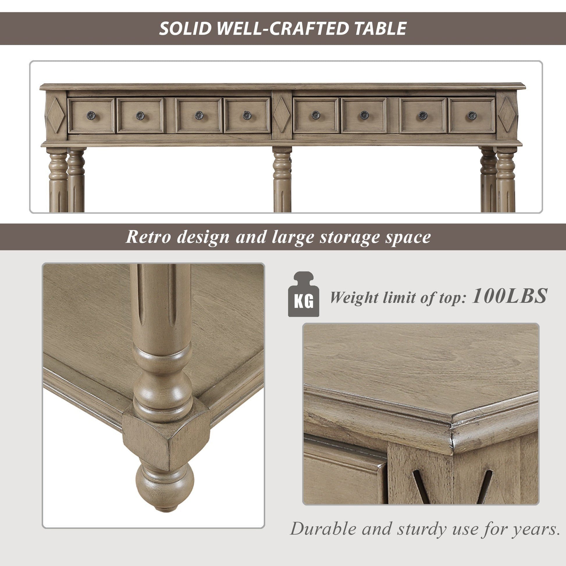 Retro Console Table Entryway Table 58" Long Sofa Table With 2 Drawers In Same Size And Bottom Shelf For Storage Rustic Rustic Brown Solid Wood