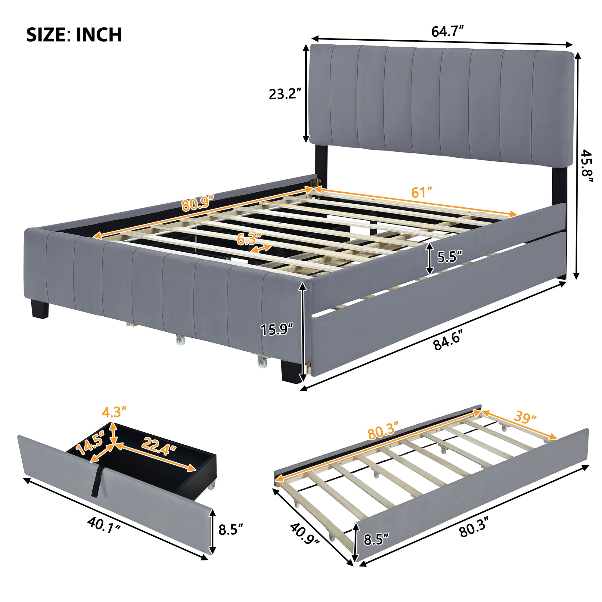 Queen Size Velvet Upholstered Platform Bed with 2 gray-upholstered