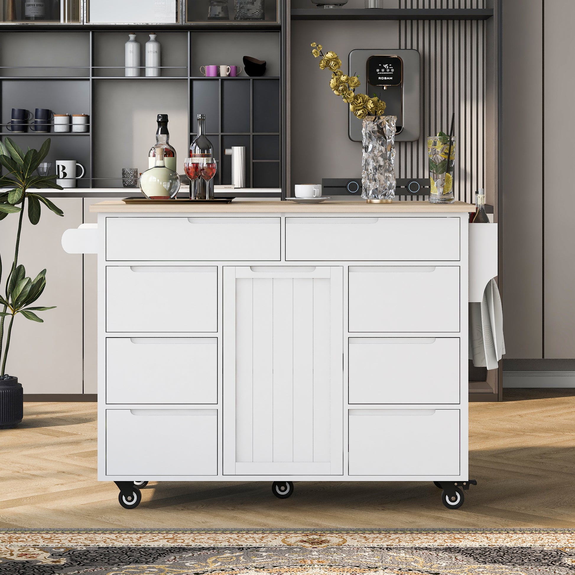 Kitchen Cart with Rubber Wood Countertop white-mdf