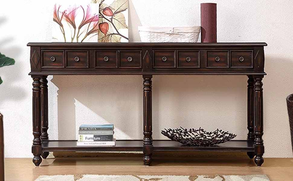 Retro Console Table Entryway Table 58" Long Sofa Table With 2 Drawers In Same Size And Bottom Shelf For Storage Distressed Black Distressed Black Solid Wood