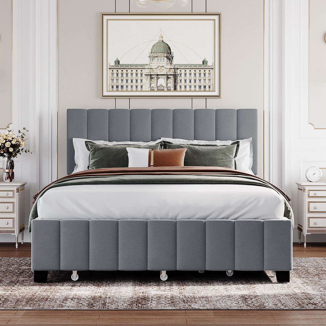 Queen Size Velvet Upholstered Platform Bed With 2 Drawers And 1 Twin Xl Trundle Gray Gray Upholstered