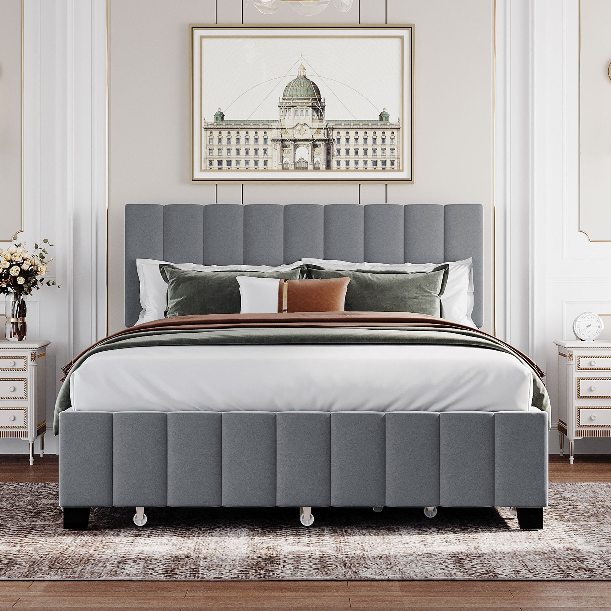 Queen Size Velvet Upholstered Platform Bed With 2 Drawers And 1 Twin Xl Trundle Gray Gray Upholstered