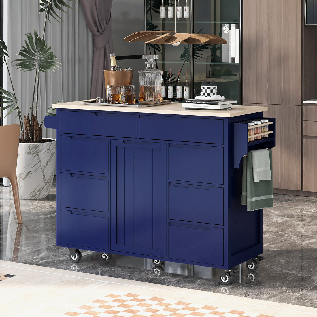 Kitchen Cart with Rubber Wood Countertop blue-mdf