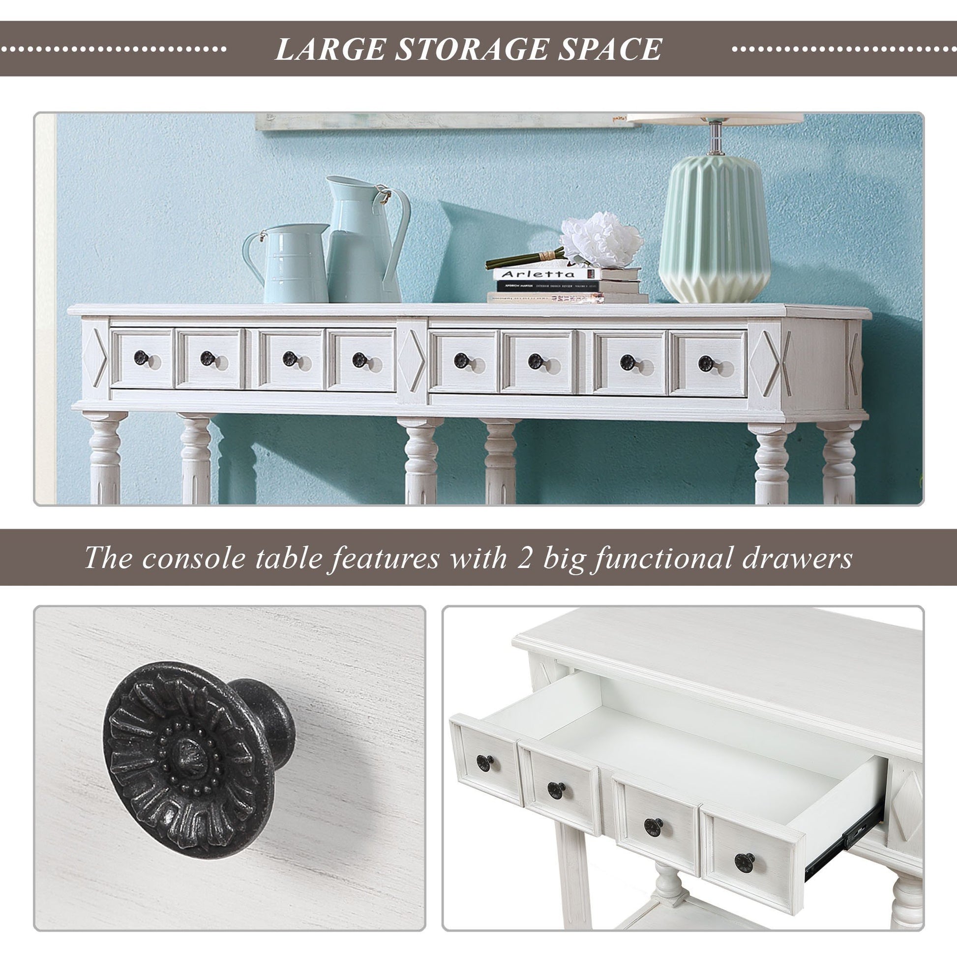 Retro Console Table Entryway Table 58" Long Sofa Table With 2 Drawers In Same Size And Bottom Shelf For Storage Antique White Antique White Solid Wood
