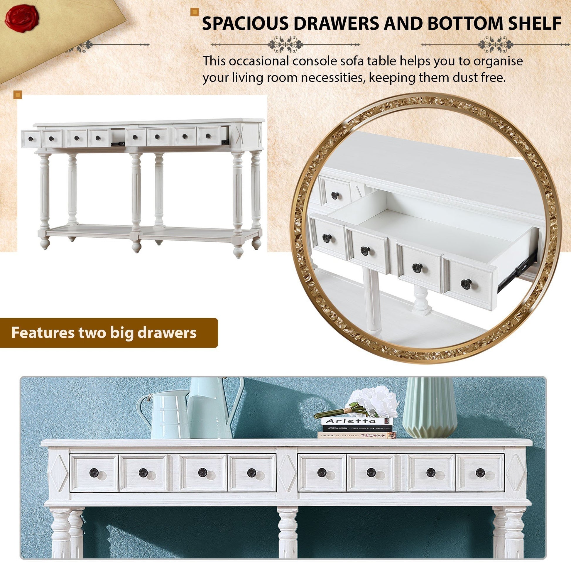 Retro Console Table Entryway Table 58" Long Sofa Table With 2 Drawers In Same Size And Bottom Shelf For Storage Antique White Antique White Solid Wood