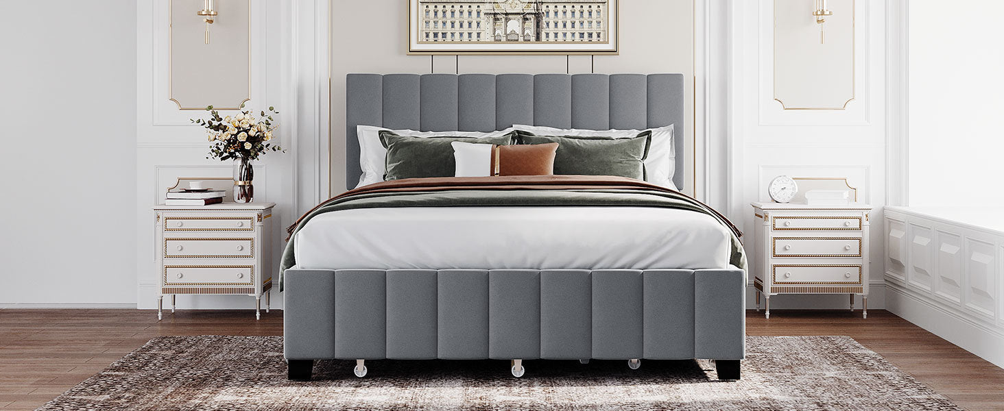 Queen Size Velvet Upholstered Platform Bed with 2 gray-upholstered