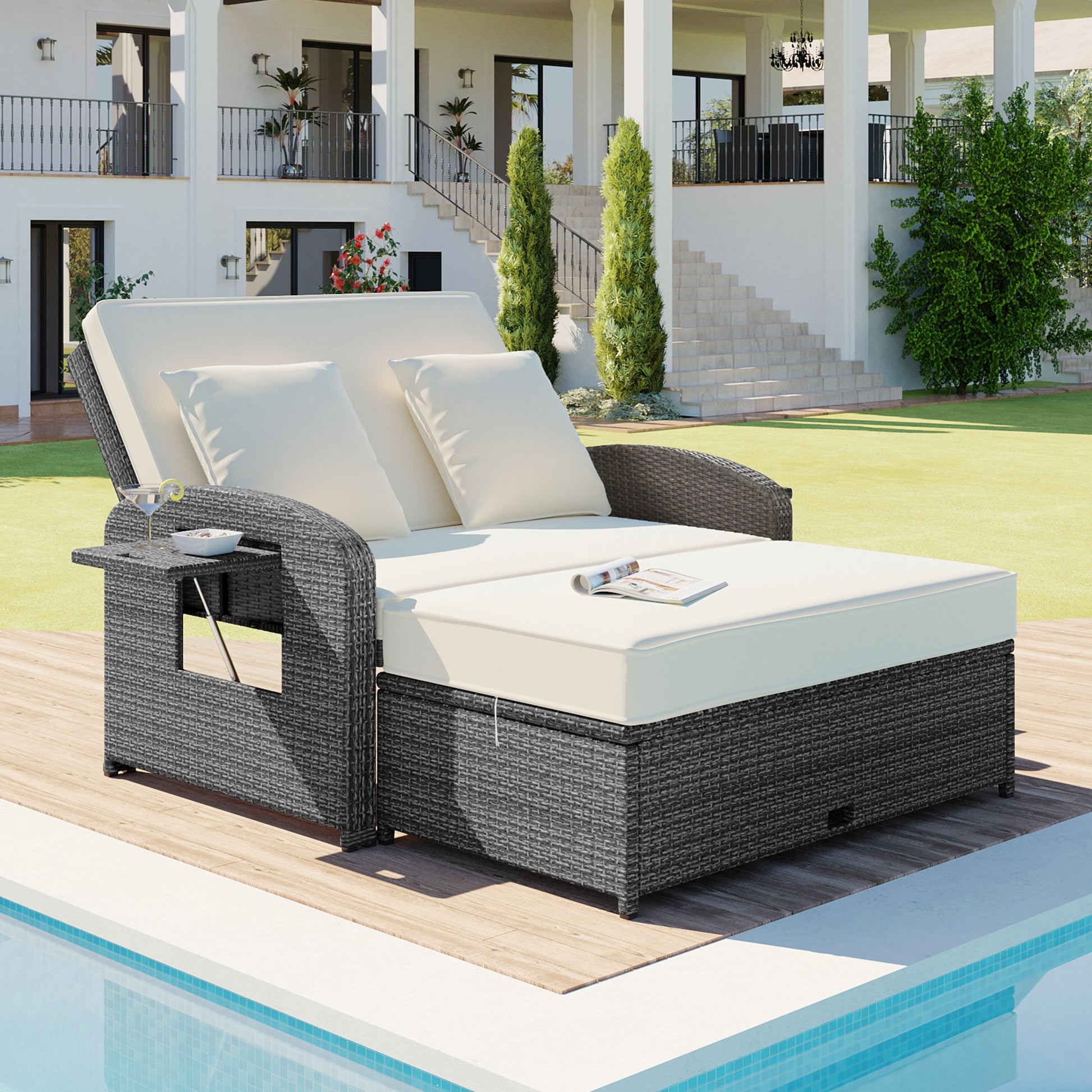 Pe Wicker Rattan Double Chaise Lounge, 2 Person Reclining Daybed With Adjustable Back And Cushions, Free Furniture Protection Cover, White Yes Complete Patio Set White Water Resistant Frame Water Resistant Cushion Garden & Outdoor Casual Sofa Seating