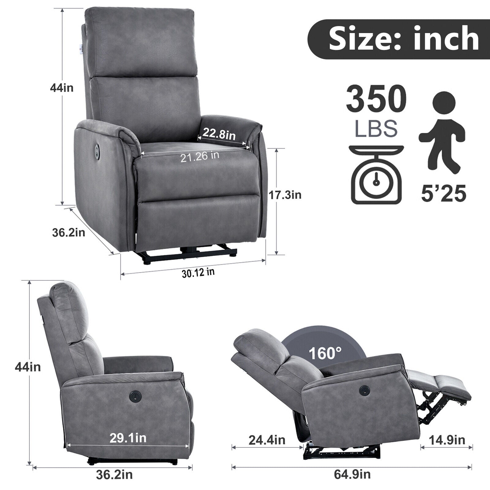 Electric Power Recliner Chair, Reclining Chair For Bedroom Living Room,Small Recliners Home Theater Seating, With Usb Ports,Recliner For Small Space,Dark Gray Light Brown Wood Primary Living Space Heavy Duty Rubberwood Dark Gray Polyester Power Push