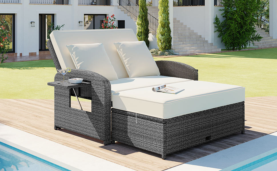 Pe Wicker Rattan Double Chaise Lounge, 2 Person Reclining Daybed With Adjustable Back And Cushions, Free Furniture Protection Cover, White Yes Complete Patio Set White Water Resistant Frame Water Resistant Cushion Garden & Outdoor Casual Sofa Seating
