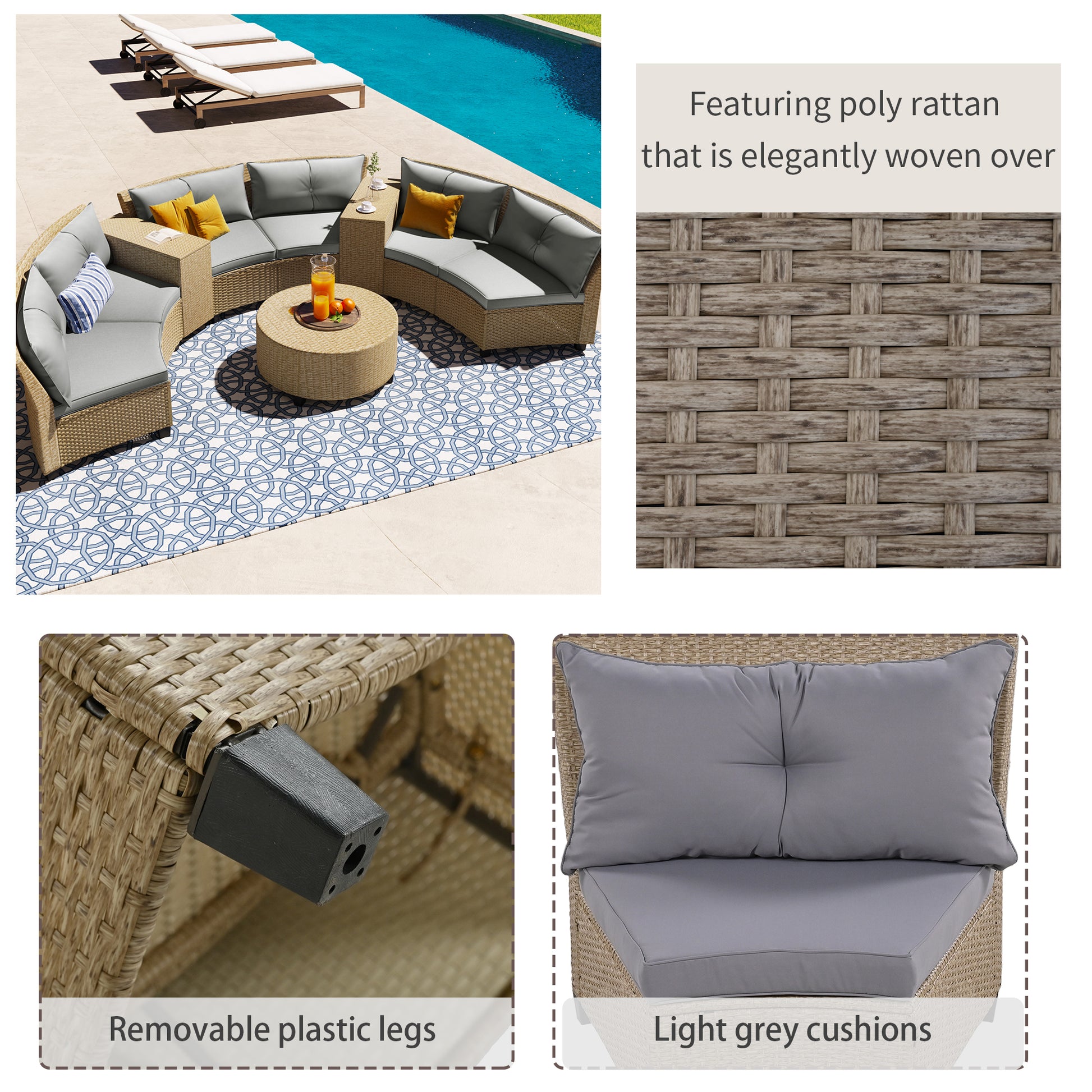 6 Person Fan Shaped Rattan Suit Combination With Cushions And Table,Suitable For Garden Gray Hdpe