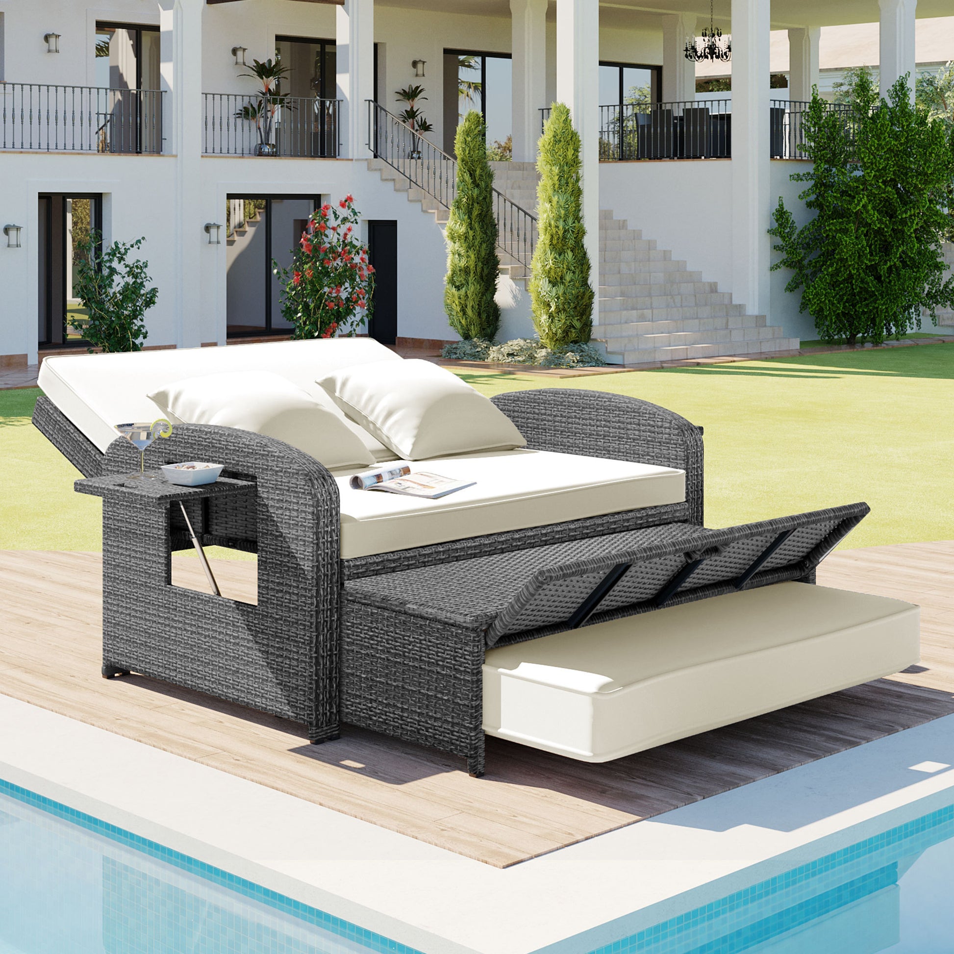 Pe Wicker Rattan Double Chaise Lounge, Person Reclining Daybed With