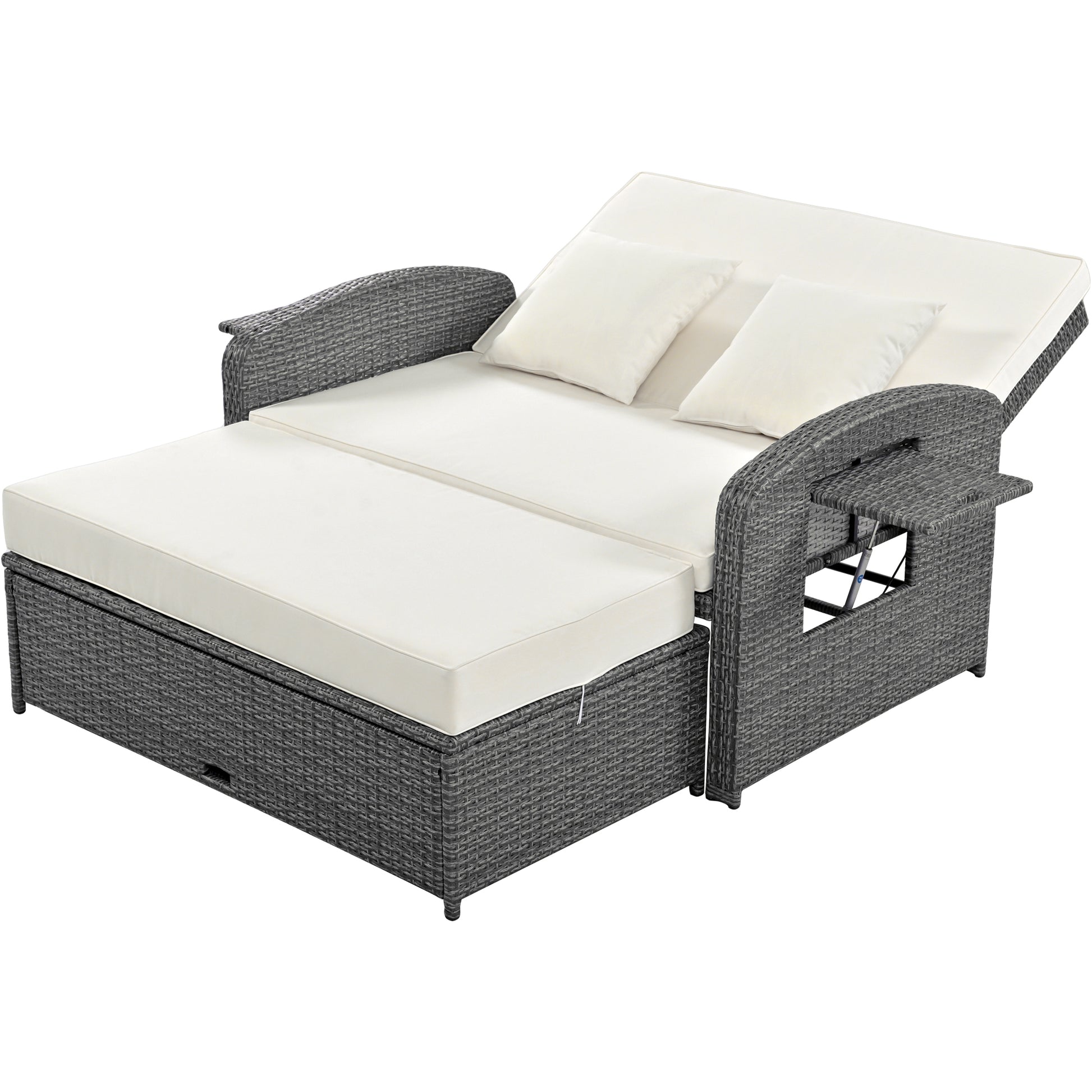 Pe Wicker Rattan Double Chaise Lounge, 2 Person Reclining Daybed With Adjustable Back And Cushions, Free Furniture Protection Cover, White Yes Complete Patio Set White Water Resistant Frame Water Resistant Cushion Garden & Outdoor Casual Sofa Seating