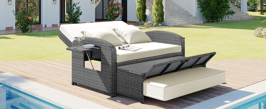 Pe Wicker Rattan Double Chaise Lounge, 2 Person Reclining Daybed With Adjustable Back And Cushions, Free Furniture Protection Cover, White Yes Complete Patio Set White Water Resistant Frame Water Resistant Cushion Garden & Outdoor Casual Sofa Seating